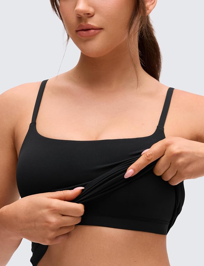 CRZ YOGA Softretch U Back Camisole Tank Tops for Women - Scoop Neck Padded Spaghetti Straps Soft Yoga Crop Top
