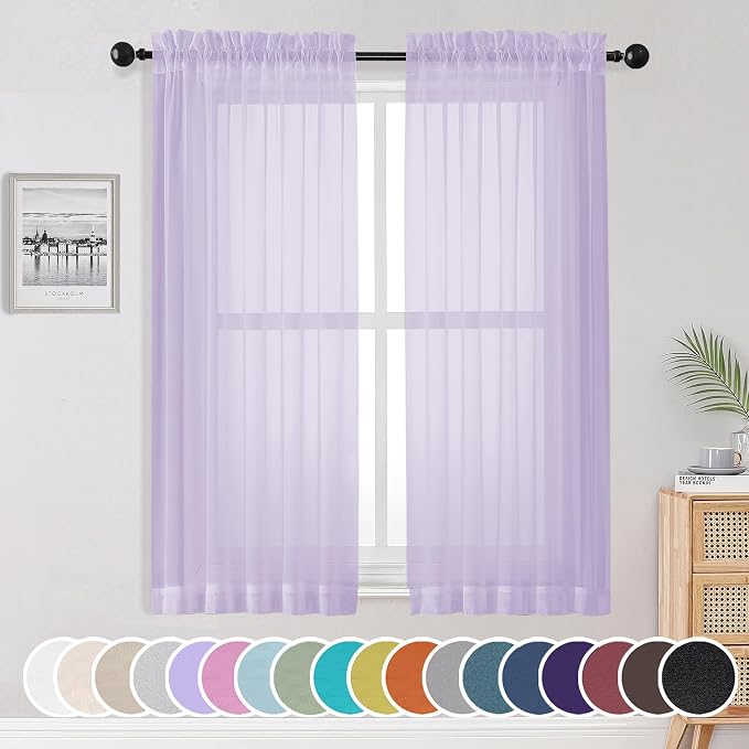 OWENIE Light Purple Sheer Curtains 63 inch Length 2 Panels Set, Rod Pocket Light Filtering Fimly Sheer Curtains for Bedroom Living Room, Soft Solid Color Voile Sheer Curtains, 42Wx63L inch