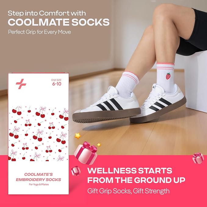 COOLMATE Pilates Socks with Grips for Women, Yoga Socks, Crew Non Slip Women for Barre, Pilates Gifts for Women