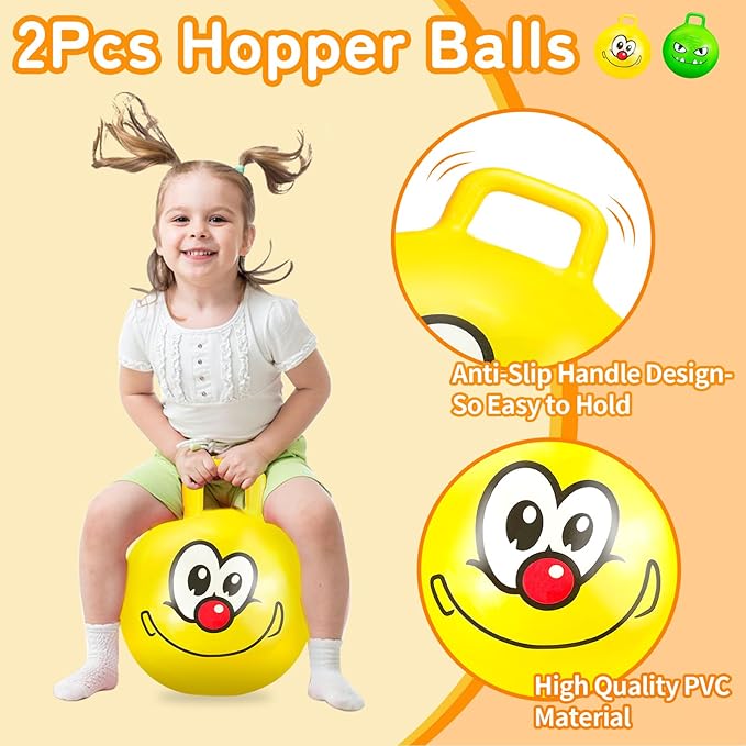 Hymaz 2 Pcs Hopper Ball, 18 Inch Bouncy Balls Bulk with Handle for Kids Ages 3-5, Jumping Hopping Inflatable Bouncing Ball Outdoor Toys for Boy Girl School Games Sports Exercise