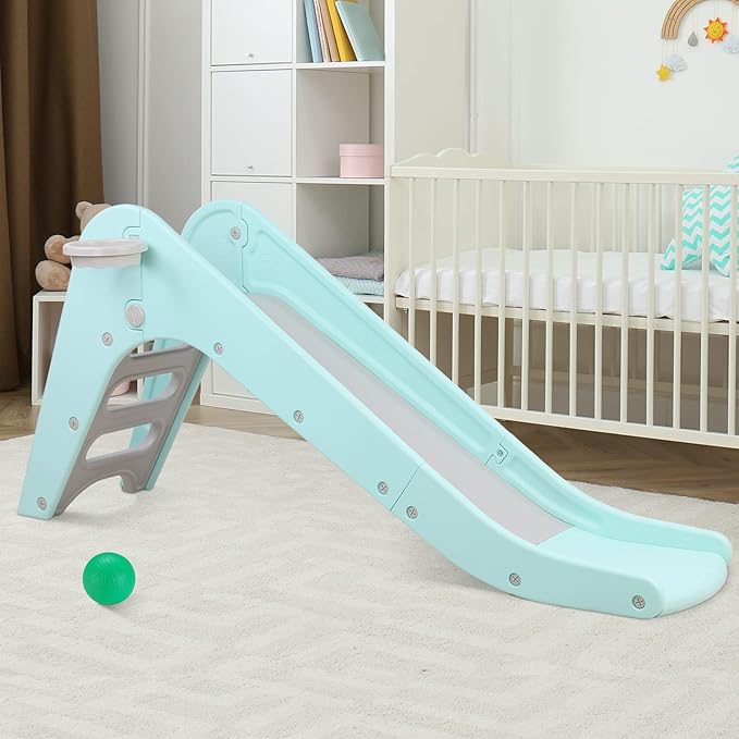 Arlopu Freestanding Kids Slide, Toddler Slide Climber with Basketball Hoop & Ball, Baby Playset w/Long Slope, for Boys and Girls Birthday, Sturdy Playground Toy for Indoor Outdoor (Robin Egg Blue)