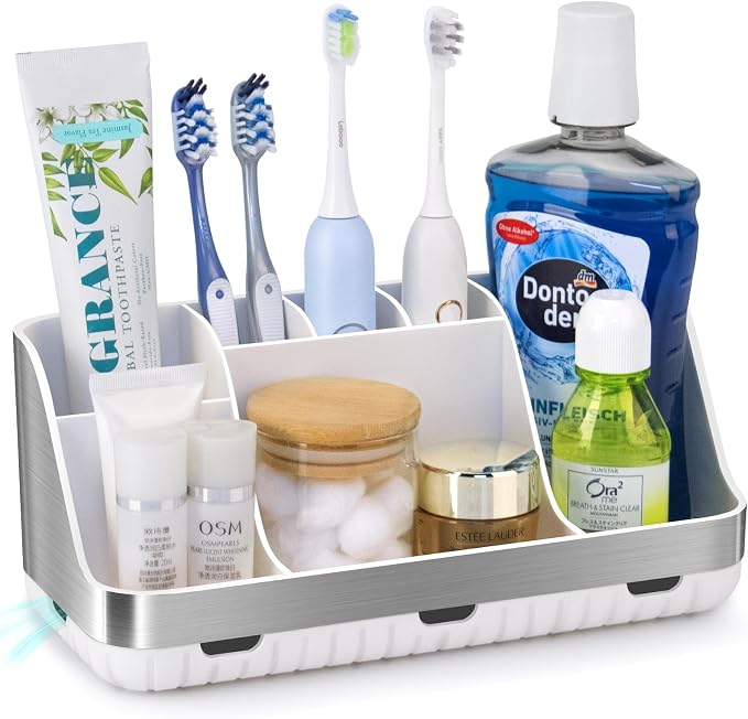 GFWARE Toothbrush Holders for Bathrooms Countertop Organizer - Kids Electric Toothbrush and Toothpaste Holder Detachable 7 Slots Tooth Brush Organization Bathroom Accessories Storage Vanity, Silver