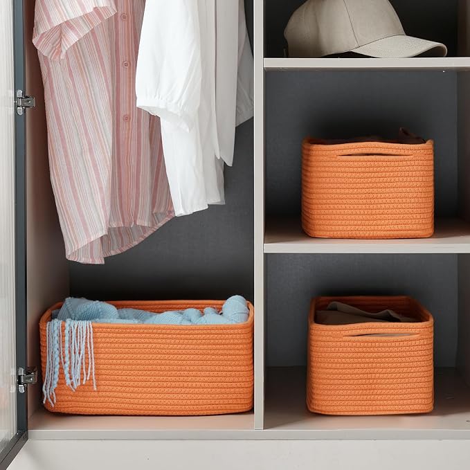 3 Pack Storage Baskets for Organizing, 13.7×9.5×6.3", Orange | Woven Baskets for Shelves, Cotton Rope Basket for Gifts Empty, Closet Organizer Bins with Handles, Cube Decorative Box