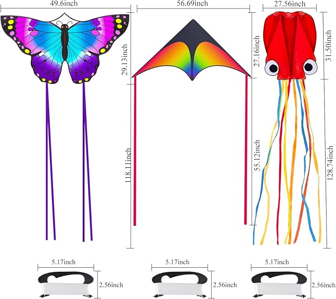 3 Pack Kites, Gifts for Easter, Kite for Kids 4-8 8-12, Puple Butterfly, Colorful Delta and Red Octopus with String Kite for Kids Girls Boys