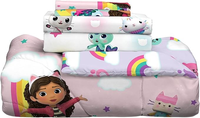 Gabby's Dollhouse Kids Twin Size Bedding, 5 Piece Super Soft Cozy Reversible Comforter and Sheet Set with Sham, (Officially Licensed Product) By Franco