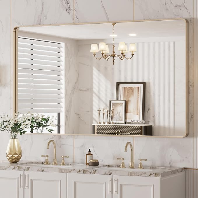 LOAAO 50"X30" Gold Bathroom Mirror | Rounded Rectangle, Brushed Gold Frame, Wall-Mounted, Anti-Rust, Tempered Glass, Hangs Horizontally or Vertically
