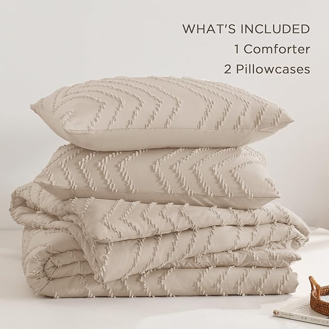 Andency Khaki Comforter Set King Size, Farmhouse Shabby Chic Boho Soft Fluffy Warm Lightweight Bedding Comforter Sets for King Bed, 3 Pieces Chevron Tufted Aesthetic Microfiber Lightweight Bed Set