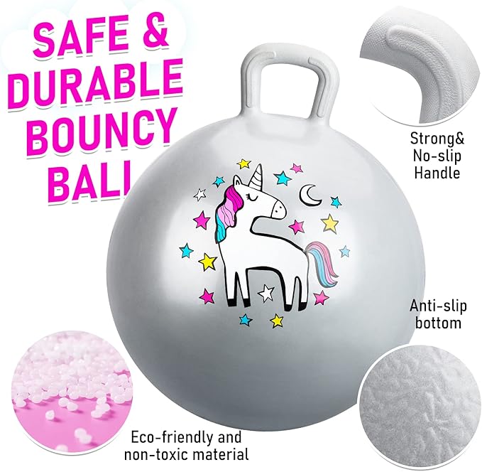 U&C Planet Hopper Ball 18 inches Bouncy Ball with Handle for Kids Age 3-6 Hoppity Hop Sit and Bounce Jumping Hopping with Pump and Gift Box Great Gift for Birthday Christmas, Silver
