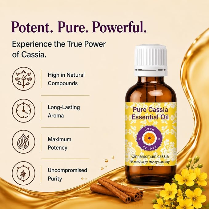 dève herbes Cassia Essential Oil (Cinnamomum Cassia) Pure | Non-Sticky | Non-Greasy | Lightweight | Men & Women | All Skin Types | Steam Distilled 30ml (1 oz)
