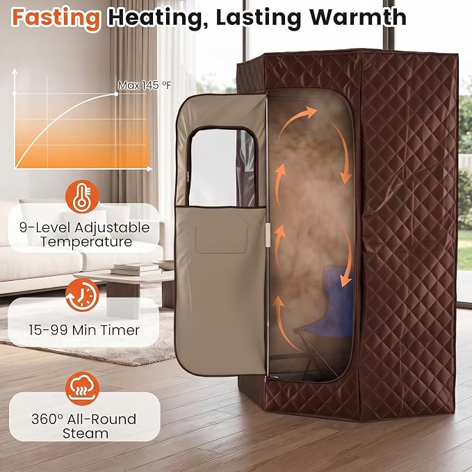 Giantex 3L Portable Steam Sauna, Fast-Heat Large Pentagon Sauna Box for Home, 9-Level Remote Control, 99-Min Timer, Folding Chair, Foot Roller, Mat, 35.5" x 35.5" x 71" Sauna Tent (Brown)