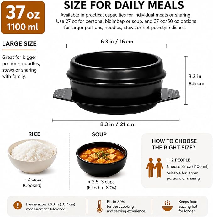 XICHENGSHIDAI Korean Stone Bowl, Dolsot with Tray, 37 Oz, Black | Heat-retaining bowl with tray for bibimbap, soup, stew and ramen; suitable for gas stovetops and ovens, not induction.