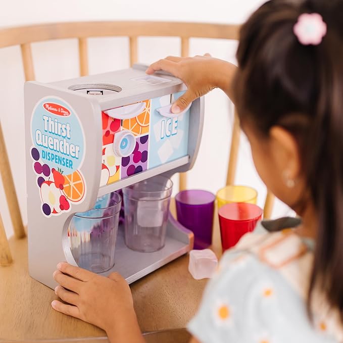 Melissa & Doug Thirst Quencher Wooden Drink Dispenser with Juice Inserts, Ice Cubes & Play Kitchen Accessories, Preschool Learning Toys for Girls & Boys 3+ - FSC Certified