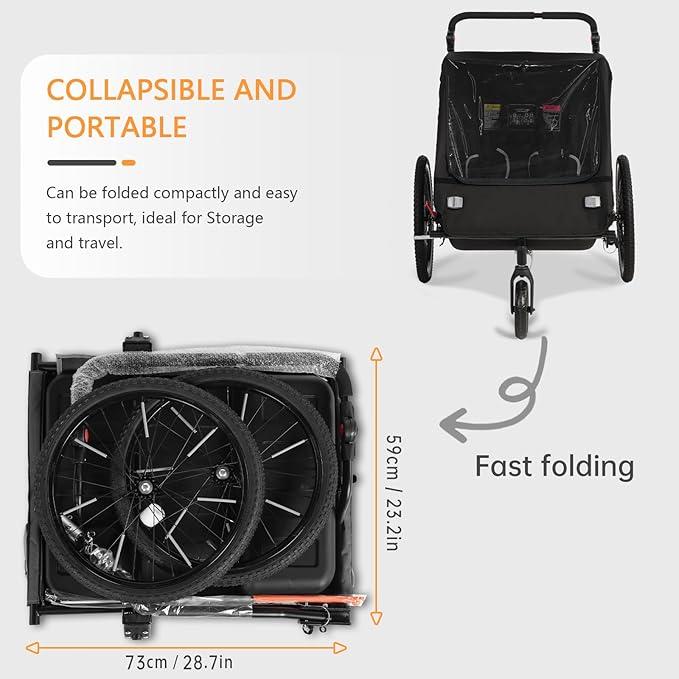Sepnine 2-in-1 Kids Bike Trailer and Stroller with Suspension – Bike Trailer for 1 to 2 Children, Jogging Function, Foldable, 5-Point Harness, Spacious Storage, with Bug Screen and Weather Shield