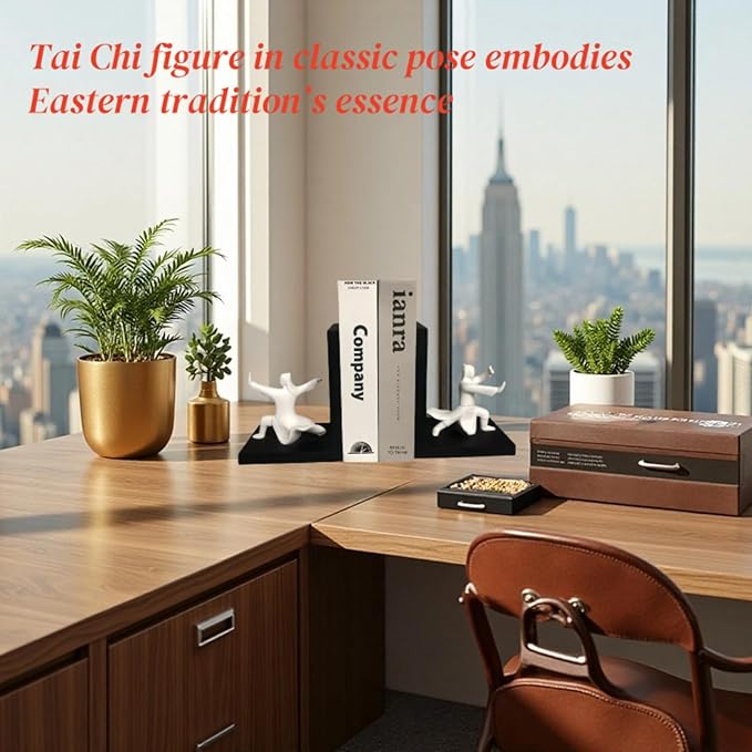 Modern Tai Chi Yin Yang Decorative Bookends - Heavy Duty Resin Bookend Set with Sandstone Texture, Anti-Slip Felt Base, Black & White Minimalist Design for Living Room Office Decor (13x10x17cm)