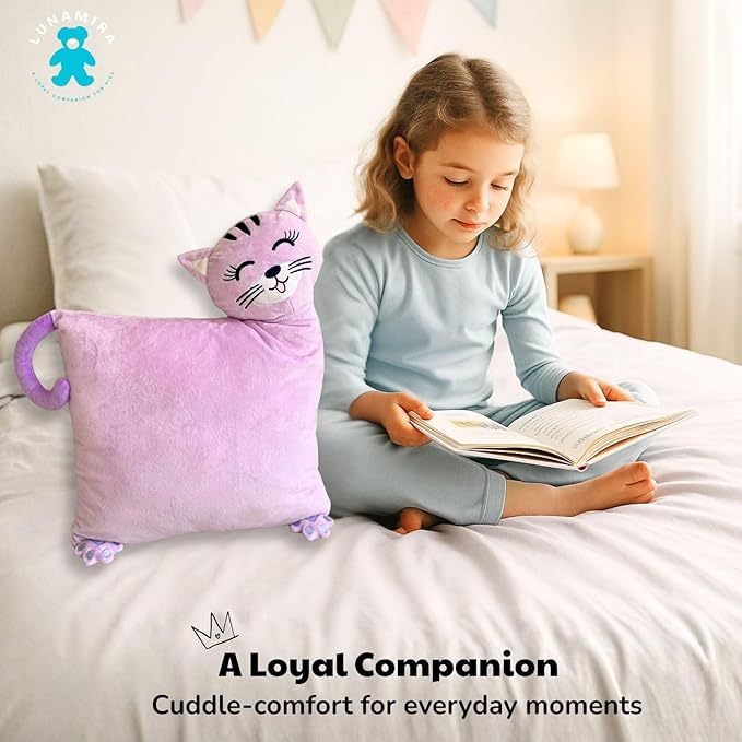 LUNAMIRA Kids Cat Plush Pillow – Cute Bedroom Decor Throw Pillow & Movie-Night Buddy, Cuddle Sleeping Pillow, Soft Comfort Toddler Travel Pillow, Washable Cover, 16”x14” Birthday for Kids