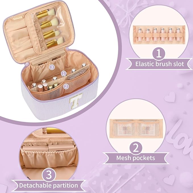 OCHEAL Makeup Bag Valentines Day Gifts for Women, Monogram Cosmetic Bag Purple Travel Makeup Case Beauty Toiletry Bag Organizer Personalized Gifts for Girls Bridesmaid, Sister, Wife, Friends Initial T