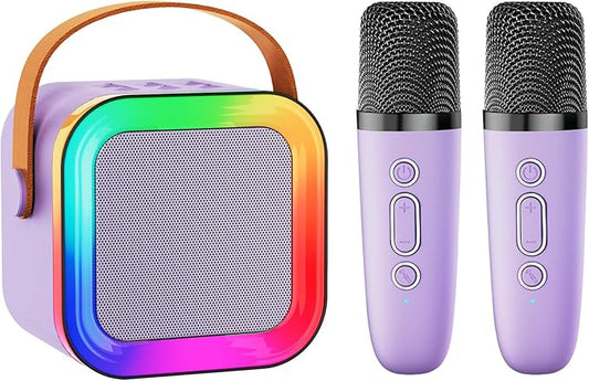 Mini Karaoke Machine Speaker for Kids Adults,Portable Bluetooth with 1-2 Wireless Microphones,Christmas Birthday Gifts Toys Girls Boys Ages 4, 5, 6,7, 8,9,10,11,12+ Years Old Toddler (Purple - 2 Mic)
