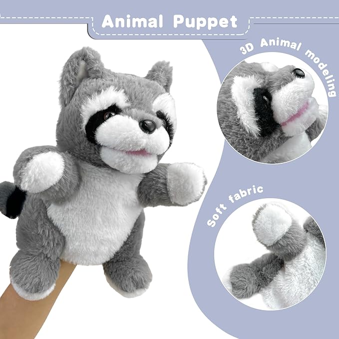 Hand Puppets Raccoon Puppets,9" Realistic Stuffed Animal Puppets for Toddlers Raccoon Stuffed Puppets for Kids with Movable Mouth,Raccoon Hand Puppets for Adults Hand Puppets for Toddlers 3