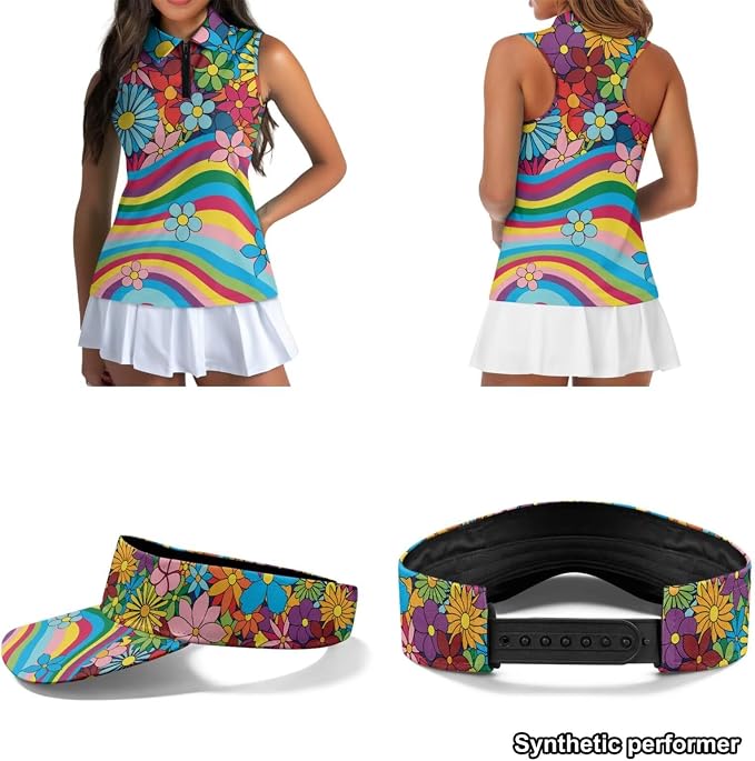 POLERO Golf Tank Top Women Golf Shirts and Visor Hat Collared Racerback Tennis Shirt Set Quarter Zip
