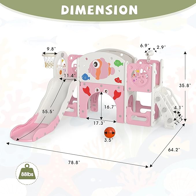 NYEEKOY 8-in-1 Toddler Slide, Toddler Outdoor Playset, with Toddler Climber and Kids Slide, Suitable for Indoor Playground for Kids 1-3, Pink Fish