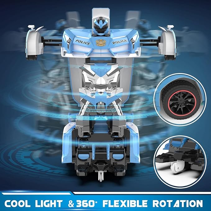 Remote Control Car - Transforming Toy Car Robot, One-Button Deformation with Flashing Lights 2.4GHz 1:18 Scale Transforming Police Car with 360-Degree Rotation Toys for Boys and Girls