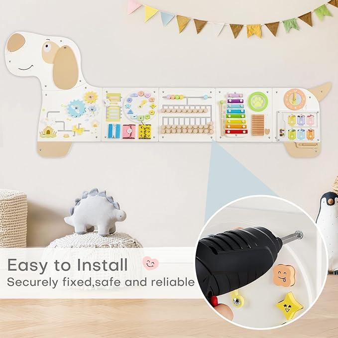 Wooden Dog Sensory Wall Panel, Montessori Wall Busy Board, Toddler Learning Activity Center, Educational Montessori Toys for for Kids Room, Preschool & Daycare
