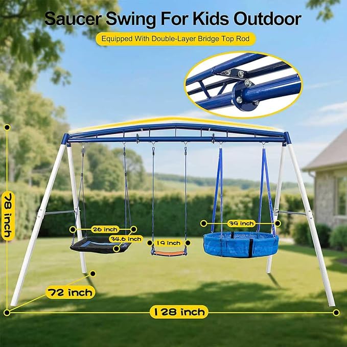 3-in-1 Heavy Duty Metal Swing Set for Backyard, A-Frame Outdoor Playset with Platform Swing, Toddler Barrel & Square Swings, 800lb Kids Playset