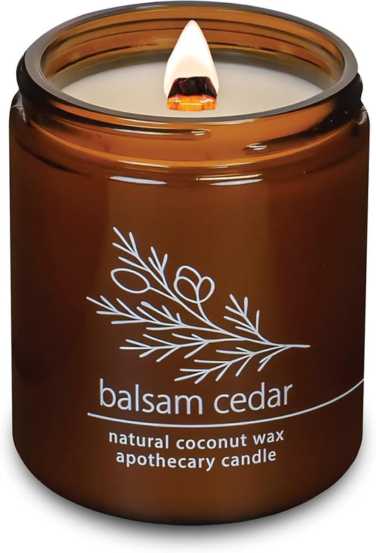 Hemlock Park Balsam Cedar Apothecary Scented Candle | Crackling Wood Wick, Botanical Fragrance & Coconut Apricot Wax | Up to 60 Hour Burn Time | 8 oz | Made in USA