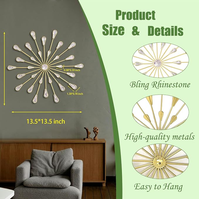 ZEXUIRU 3 Set Gold Starburst Wall Art for Home Decor Metal Bling Crystal Rhinestones Sunburst Wall Decor Sparkling Rhinestone Art Accent Gold - 13in