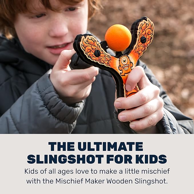 Mischief Maker® Wooden Slingshot - Lil’ Monster Series - Real Wood Slingshot for Kids, 4 Soft Foam Balls and Storage Bag - Ages 4+ (Orange)