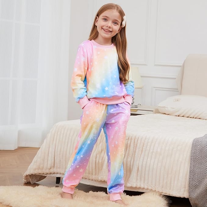QPANCY Matching Doll & Girls Fleece Pjs Set kids Fall Winter Long Sleeve Sleepwear 2 Piece Pajamas