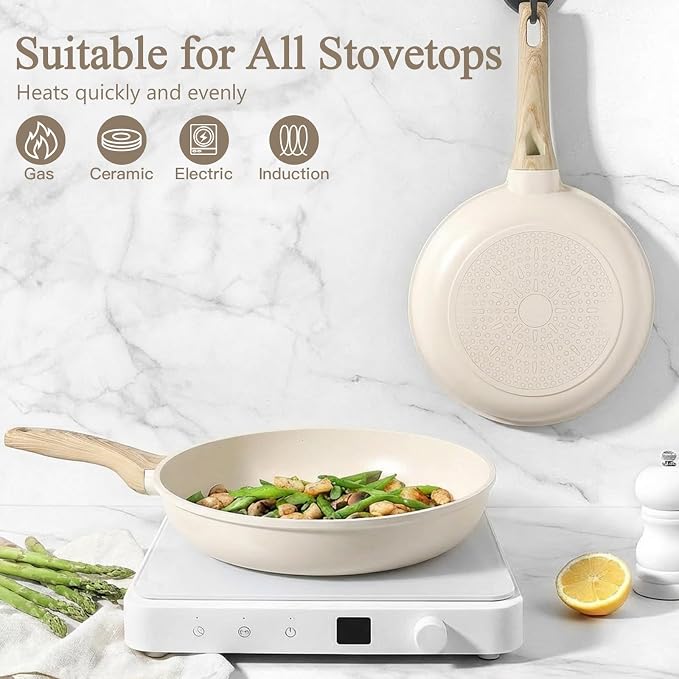 GiPP Nonstick Frying Pan Skillet - 9.5" White Granite Non Stick Fry Pans, Omelette Pan Healthy Stone Cookware Compatible with All Stovetops, PFOA Free