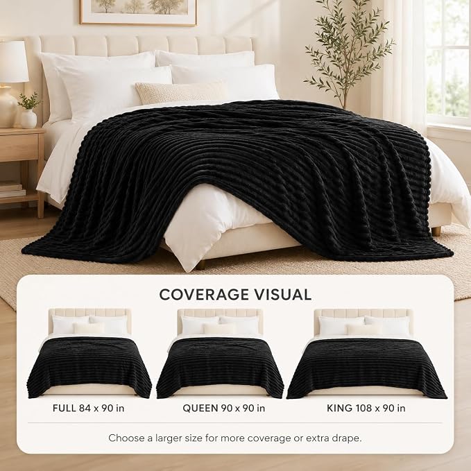 HIMEET Black Full Size Blanket for Bed, 300GSM Ribbed Fleece, 84 x 90 in | Ultra Soft Flannel, All-Season Lightweight Warmth, Bed Layering & Home Room Decor, Gift for Men & Women, Machine Washable