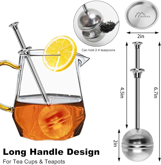 Long Handle Tea Ball, One Handed Pressing Operation, Easy to Use, 2Pcs | Fine Mesh Holes, Plastic Handle with Stainless Steel Ball, No Tea Residue, For Cup and Teapot, Tea Lover Gift