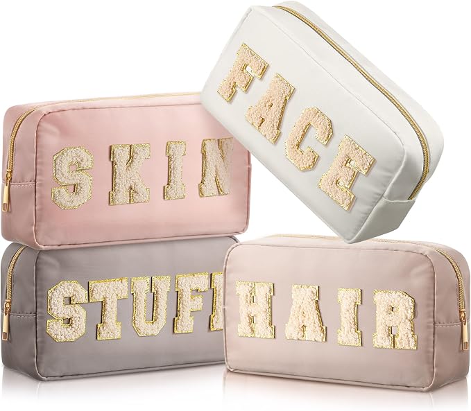 Preppy Makeup Bags Chenille Letter Stuff Bag Nylon Cosmetic Pouch Cases with Zipper for Women Travel Toiletry(Apricot Color,Classic,4 Pcs)