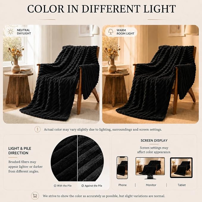 HIMEET Black Oversized Throw Blanket, 300GSM Ribbed Fleece, 50 x 70 Inches | Ultra Soft Flannel, All-Season Lightweight Warmth, Extra Coverage for Couch Lounging, Home Room Decor, Machine Washable