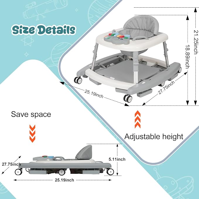 5-in-1 Baby Walker for Boys and Girls Music and Lights 6-18 Months, Foldable Baby Walkers with 5 Adjustable Heights, Infant Toddler Walker with Wheels and Combo Portable（Grey）