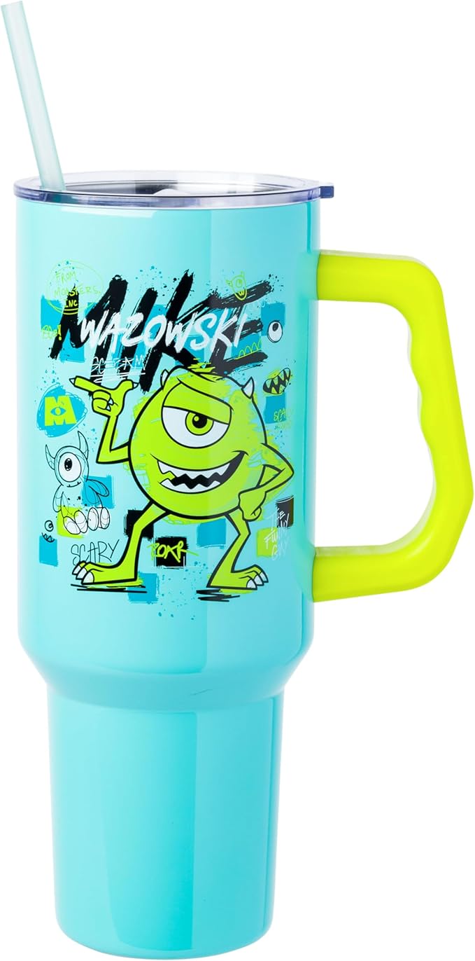 Silver Buffalo Disney Pixar Monsters Inc. Double Walled Stainless Steel Tumbler with Handle Featuring Mike Wazowski, Fits in Standard Cup Holder, 40 Ounces