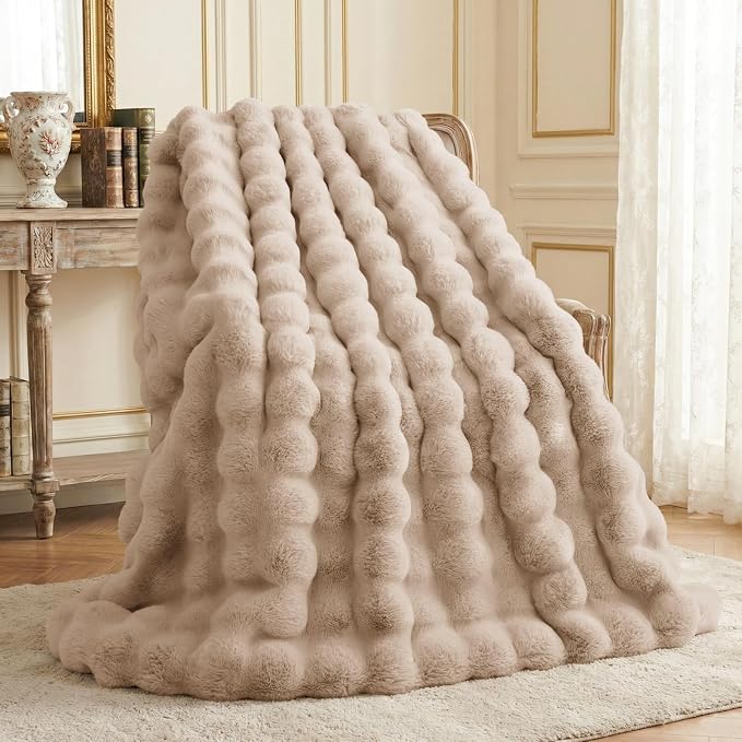 L'AGRATY Faux Rabbit Fur Throw Blanket for Couch, 60'' x 80'', Light Linen | Soft Cozy Bubble Fluffy Blanket for Sofa Bed, Thick Warm Plush Fuzzy Throw for Room Home Decor, Luxury Gift for Women Mom