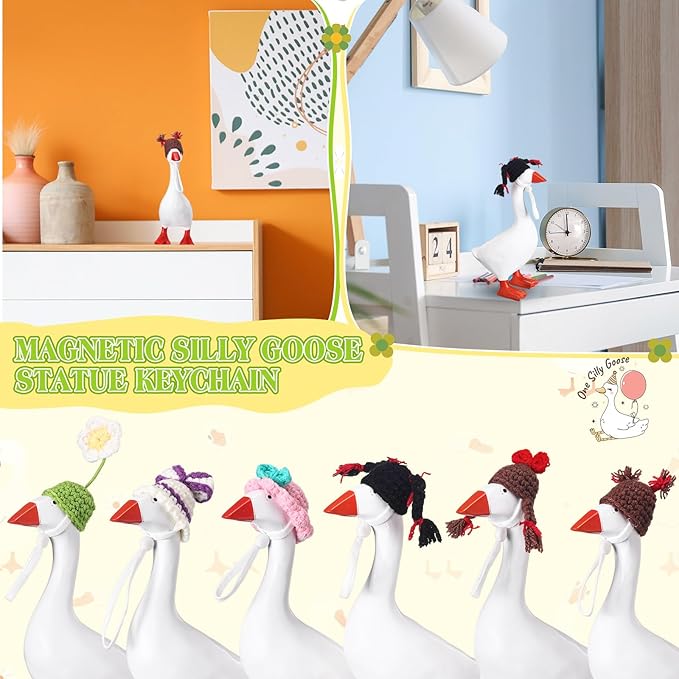 Geyoga 6 Pcs Mini Knitted Hats 7 Inch Goose Outfits Hat with Adjustable Strap Mini Porch Goose Headwear for Statue Key Holder