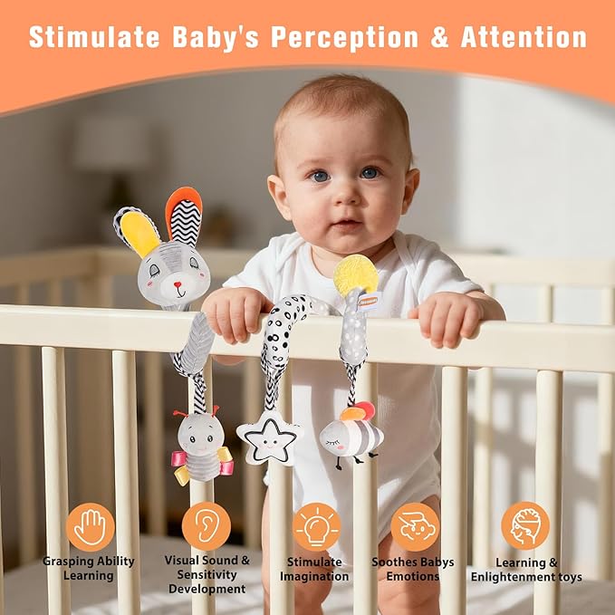 Baby Spiral Activity Toy for Crib Car Seat & Stroller, High Contrast Newborn Sensory Toys 0-12 Months with Soft Plush, Rattle & Crinkle Sounds, Perfect Infant Developmental Gift for Boys & Girls