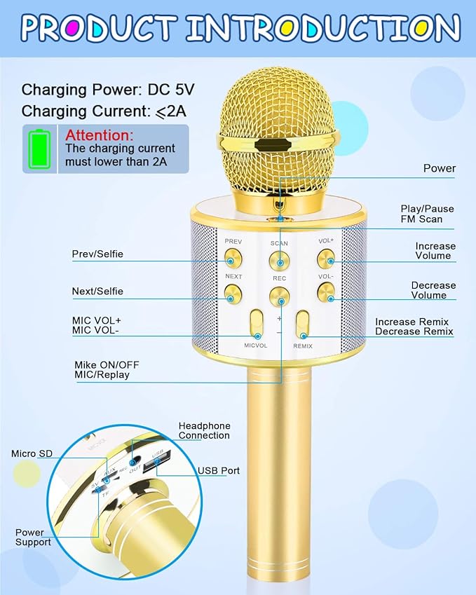 Gifts for 4 5 6 7 8 9 10 11 12 Year Old Girls, Handheld Karaoke Microphone for Kids Fun Toys for 4-13 Year Old Girls Birthday Gifts for 5-13 Year Old Girls Boys Teens - Gold