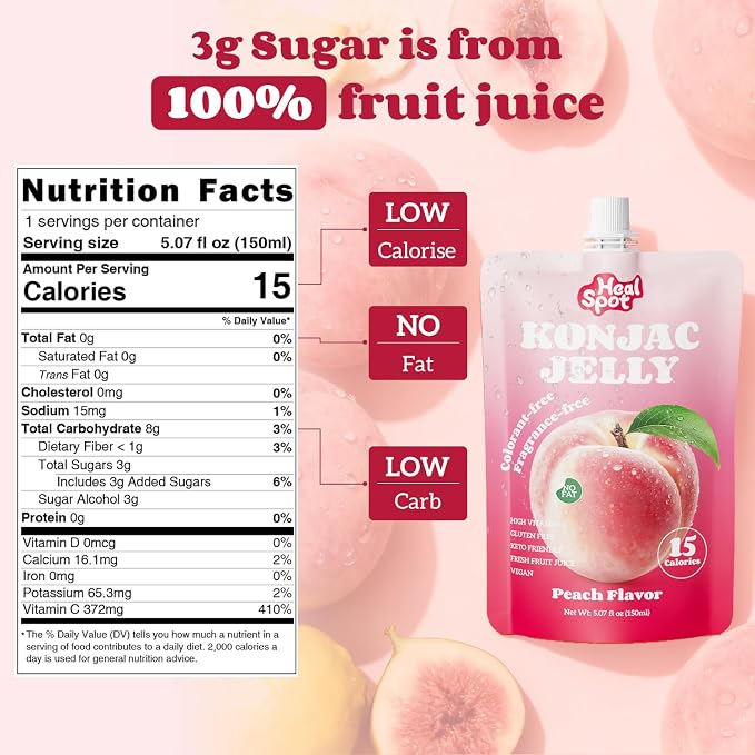 Healspot Real Fruit Juice Snacks Konjac Jelly with Collagen Peptides and Vitamin C, No Artificial Sweetener, Low Calories|Gluten Free|Keto Friendly, Healthy Korean Snacks 10 Pouches Peach Flavor