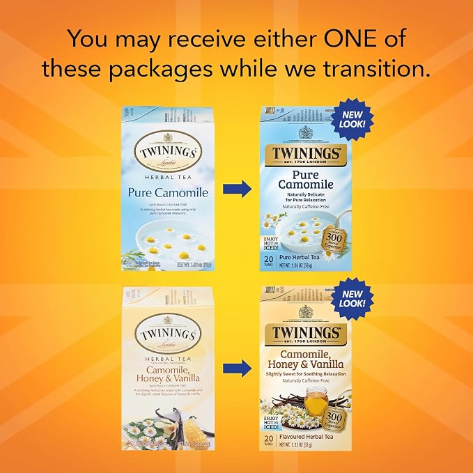 Twinings Camomile Herbal Tea Bag Variety 2-Pack – Pure + Honey & Vanilla Naturally Caffeine-Free Teas, 20 Count Each