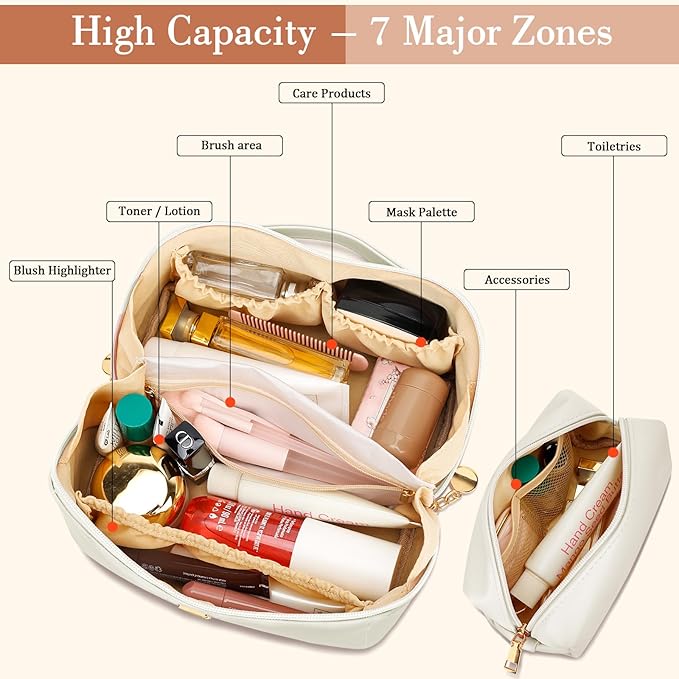 Birthday Gifts for Women Teen Girl, Personalized Initial Makeup Organizer Bag Set, Open Flat Travel Cosmetic Bag With Clear Divider and Handle(Beige,P)