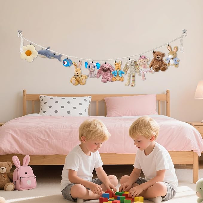 80" Beige Hanging Stuffed Animal Storage Chain, Munzong Cotton Stuffed Animal Display Holder Plush Qrganizer with 20 Metal Clips for Nursery Room Corner Wall Decor Play Room