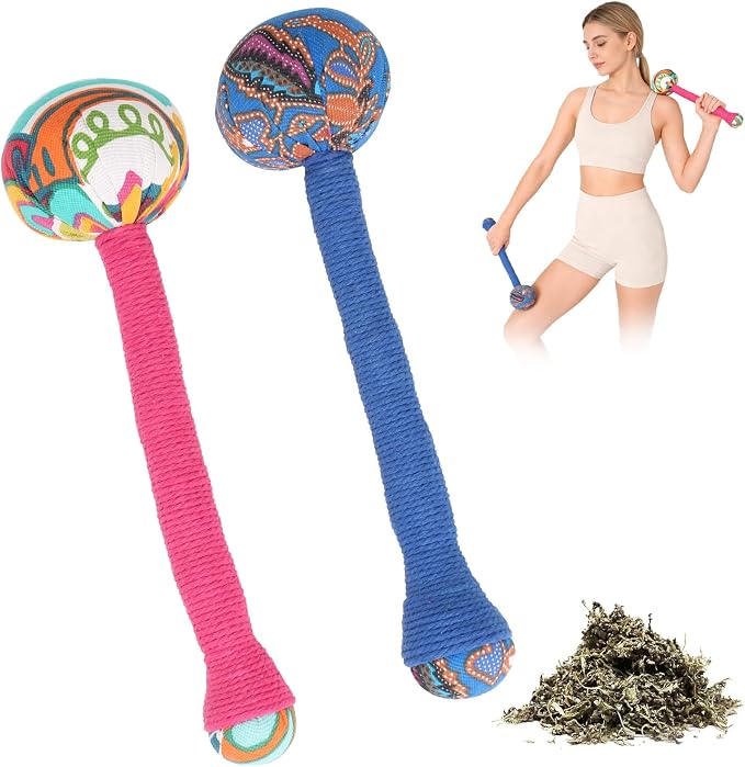 2PCS Herbal Wormwood Lymphatic Drainage Anti Slip Manual Massage Hammer Longer Handle Back Massager for Shoulder, Neck & Muscle Pain Relief (Rose Red/Dark Blue)