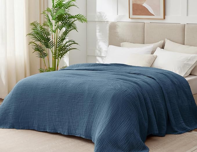 100% Cotton Muslin Blanket King 108" x 90", 6 Layers Breathable and Lightweight Cotton Throw Blanket for Bed, Soft Quilt Bedspread Coverlet, Gauze Blanket for Adults All Season, Dark Blue