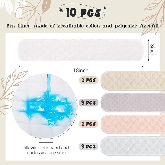 Toulite 10 Pcs Reusable Bra Liners for Sweat, 3 Layer Bra Sweat Pads, Soft Cotton Outer Layer with Polyester Fiber Core