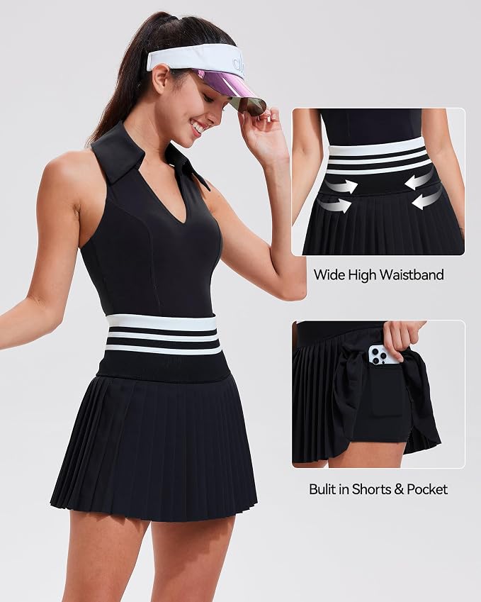 Women 2 Piece Tennis Skirt Set Polo Golf Outfits Racerback Tank Top Pleated Skort with Pockets Summer Workout Athletic Dress